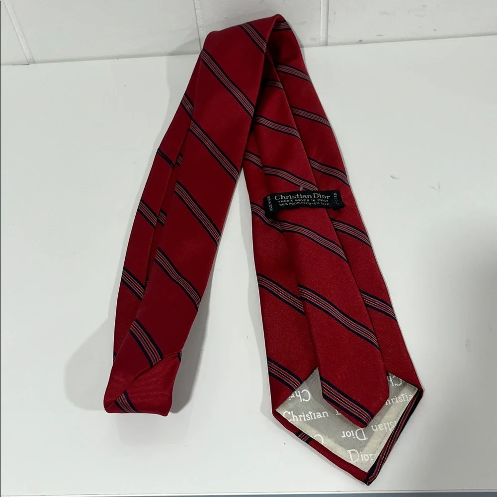 Christian Dior Red w/ Grey & Navy Stripe Tie 58” silk made in the USA